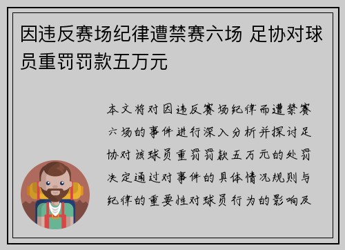 因违反赛场纪律遭禁赛六场 足协对球员重罚罚款五万元